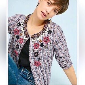 Anthropologie X Summer of Love Suzy Embellished Tweed Jacket | Pink Beaded Small